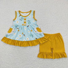 Load image into Gallery viewer, Sibling Baby Girls Sleeveless Bows Lemons Pockets Button Tunic Ruffle Shorts Set
