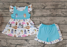 Load image into Gallery viewer, Baby Girls Blue Dog Flutter Sleeve Tunic Top Ruffle Shorts Clothes Sets
