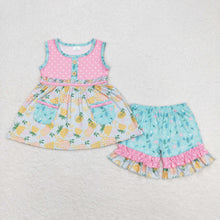Load image into Gallery viewer, Sibling Baby Girls Sleeveless Bows Lemons Pockets Button Tunic Ruffle Shorts Set

