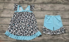 Load image into Gallery viewer, Baby Girls Blue Leopard Tunic Top Ruffle Shorts Clothes Sets
