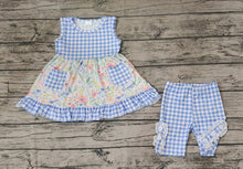 Load image into Gallery viewer, Baby Girls Blue Flowers Checkered Pocket Tunic Legging Clothes Sets
