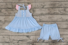 Load image into Gallery viewer, Baby Girls Blue Princess Flutter Sleeve Tunic Top Shorts Clothes Sets
