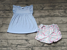 Load image into Gallery viewer, Baby Girls Blue Flutter Sleeve Tunic Top Ruffle Floral Shorts Clothes Sets

