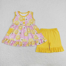 Load image into Gallery viewer, Sibling Baby Girls Sleeveless Bows Lemons Pockets Button Tunic Ruffle Shorts Set
