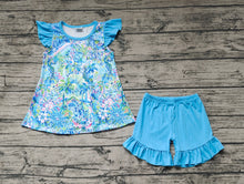 Load image into Gallery viewer, Baby Girls Blue Flowers Pink Tunic Ruffle Shorts Clothes Sets
