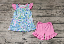 Load image into Gallery viewer, Baby Girls Blue Flowers Tunic Ruffle Shorts Clothes Sets
