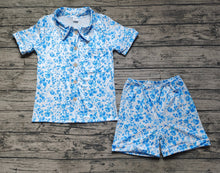 Load image into Gallery viewer, Adult Blue Color Flowers Short Sleeve Buttons Tee Shorts Pajamas Sets
