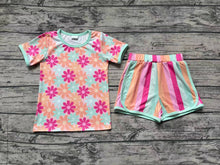 Load image into Gallery viewer, Baby Girls Blue Flowers Western Tee Shirts Stripes Shorts Summer Clothes Sets
