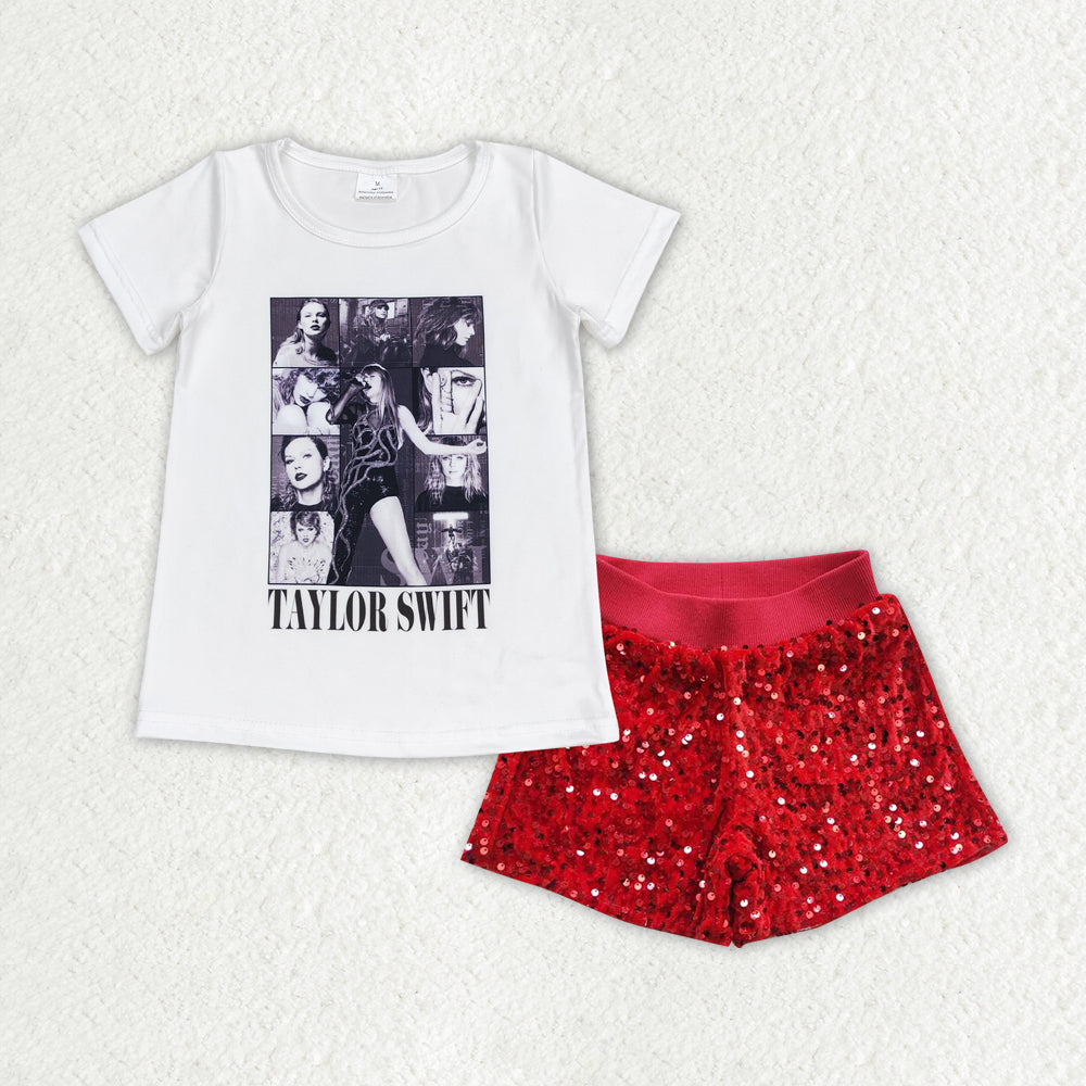 Baby Girls Singer White Shirt Red Sequin Shorts Clothes Sets