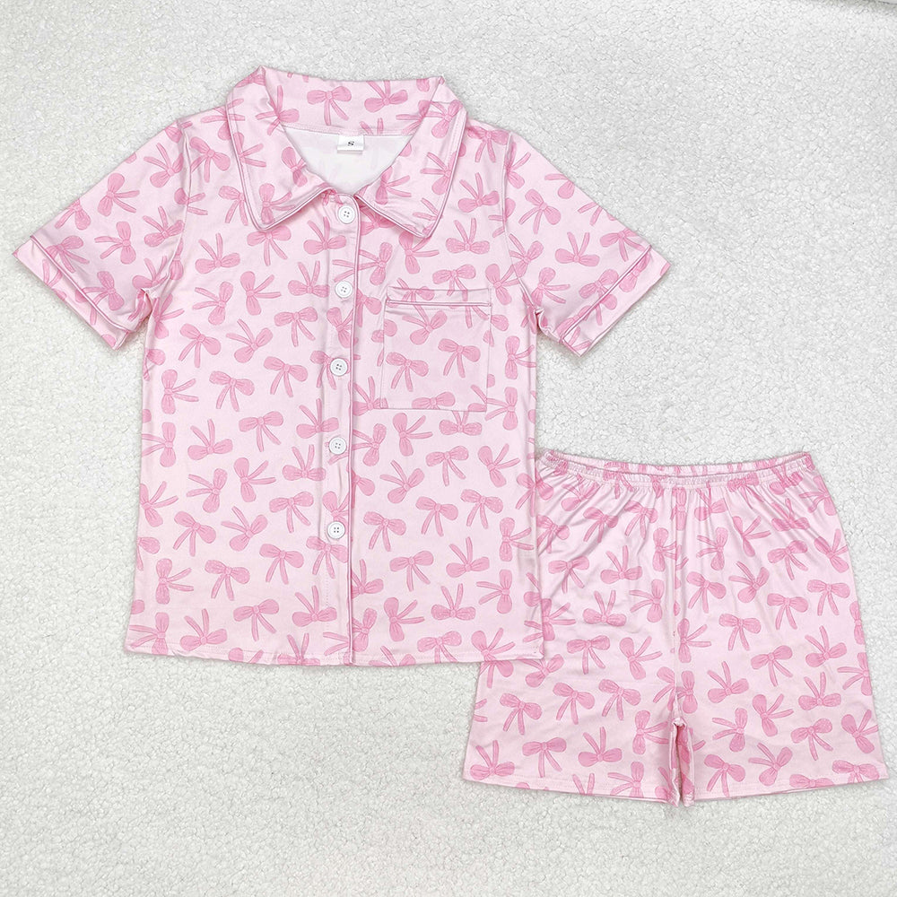 Adult Women Pink Bows Buttons Tops Shorts Pajamas