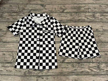 Load image into Gallery viewer, Adult Women Black Checkered Buttons Tops Shorts Pajamas
