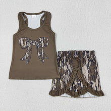 Load image into Gallery viewer, Baby Girls Dark Green Bows Vest Ruffle Bottomland Camo Shorts Clothes Sets
