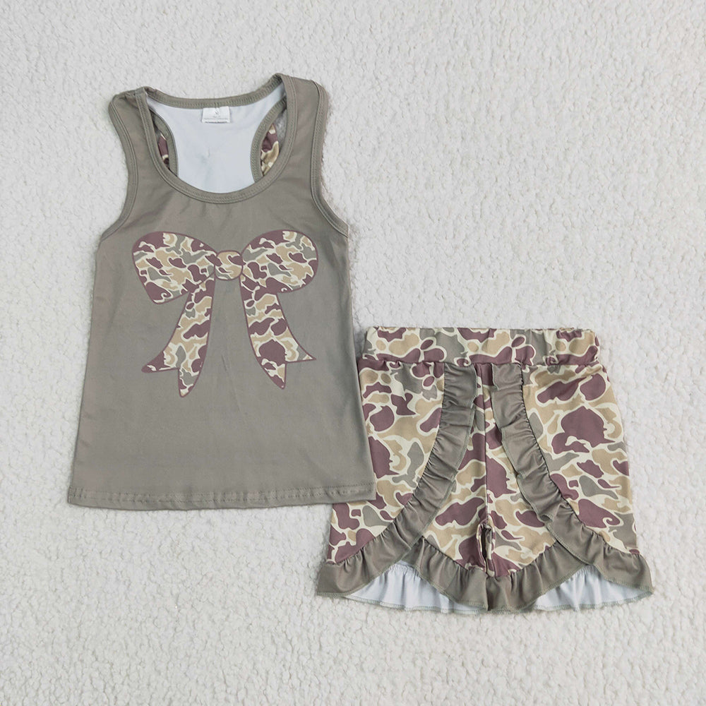 Baby Girls Dark Green Bows Vest Ruffle Shorts Clothes Sets