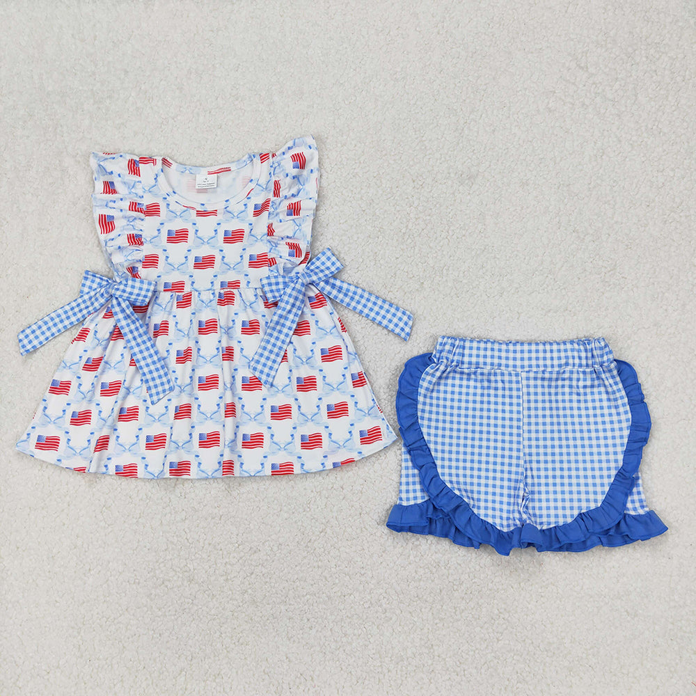 Baby Girls Blue Bows Flag Tunic Ruffle Shorts Clothes Sets