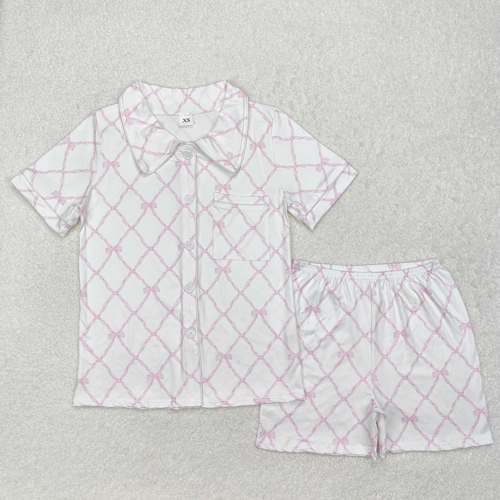 Adult Women Pink Bows Buttons Tops Shorts Pajamas