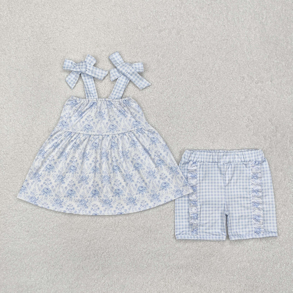 Baby Girls Blue Flowers Straps Tunic Ruffle Shorts Clothes Sets