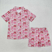 Load image into Gallery viewer, Adult Women Pink Bows Pocket Buttons Tops Shorts Pajamas
