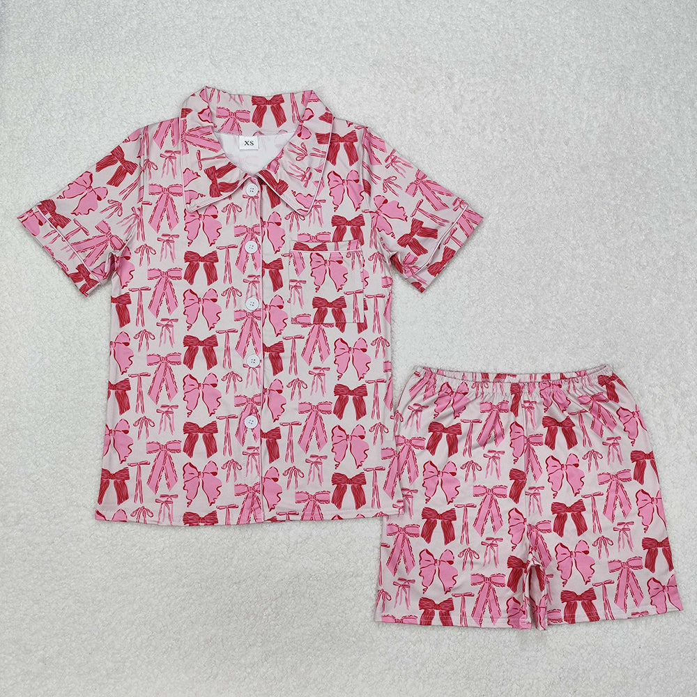 Adult Women Pink Bows Pocket Buttons Tops Shorts Pajamas