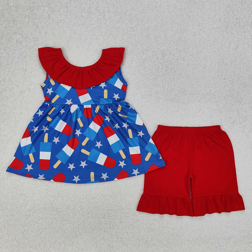 Baby Girls 4th Of July Popsicle Stars Tunic Ruffle Shorts Clothes Sets