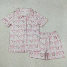Load image into Gallery viewer, Adult Women Pink Bows Flowers Buttons Tops Shorts Pajamas
