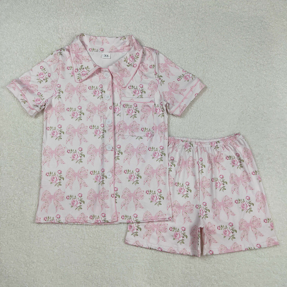 Adult Women Pink Bows Flowers Buttons Tops Shorts Pajamas
