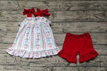 Load image into Gallery viewer, Baby Girls 4th Of July Flag Bow Tunic Ruffle Shorts Clothes Sets
