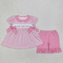 Load image into Gallery viewer, Sibling Embroidery Baby Girls Checkered Bows Tunic Ruffle Shorts Clothes Sets
