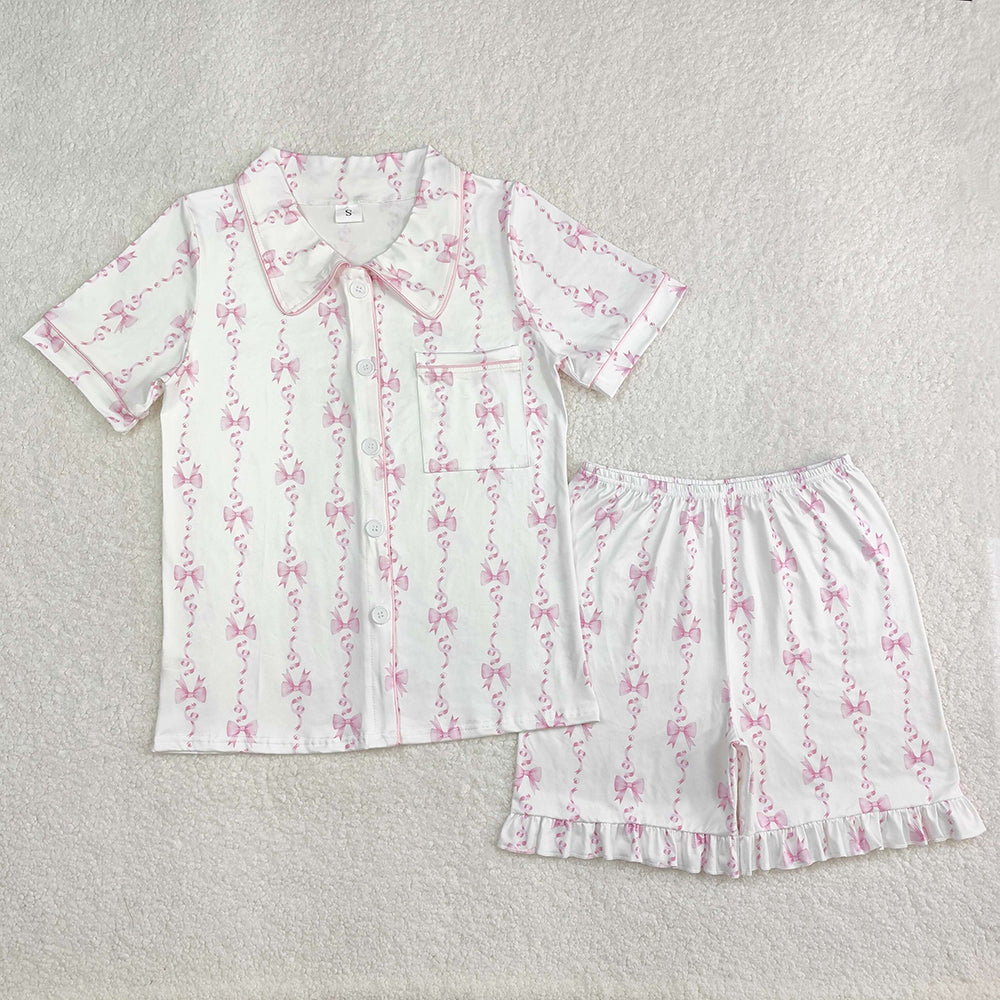 Adult Women Pink Bows Lapel Buttons Tops Shorts Pajamas
