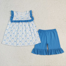 Load image into Gallery viewer, Baby Girls Blue Bows Flowers Tunic Ruffle Shorts Sets
