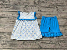 Load image into Gallery viewer, Baby Girls Blue Bows Flowers Tunic Ruffle Shorts Sets
