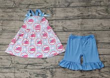 Load image into Gallery viewer, Baby Girls Blue Bows Flag Top Ruffle Shorts Clothes Sets
