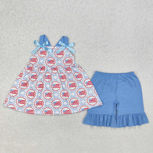 Load image into Gallery viewer, Baby Girls Blue Bows Flag Top Ruffle Shorts Clothes Sets
