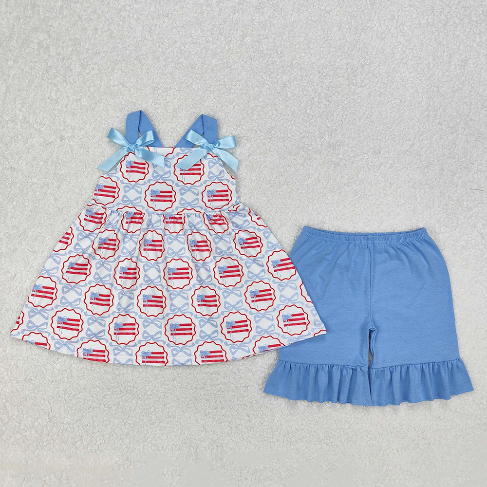 Baby Girls Blue Bows Flag Top Ruffle Shorts Clothes Sets