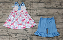 Load image into Gallery viewer, Baby Girls Blue Bows Flag Top Ruffle Shorts Clothes Sets
