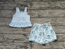 Load image into Gallery viewer, Baby Girls Blue Checkered Straps Top Flowers Shorts Clothes Sets

