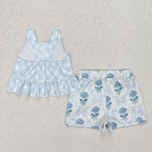 Load image into Gallery viewer, Baby Girls Blue Checkered Straps Top Flowers Shorts Clothes Sets

