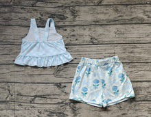 Load image into Gallery viewer, Baby Girls Blue Checkered Straps Top Flowers Shorts Clothes Sets
