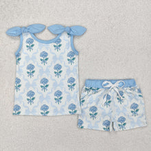 Load image into Gallery viewer, Baby Girls Blue Flowers Bows Top Shorts Clothes Sets

