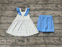 Load image into Gallery viewer, Baby Girls Blue Bows Tunic Ruffle Shorts Clothes Sets
