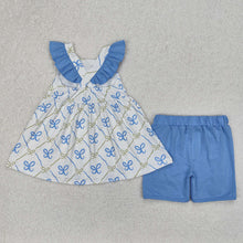 Load image into Gallery viewer, Baby Girls Blue Bows Tunic Ruffle Shorts Clothes Sets
