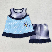 Load image into Gallery viewer, Baby Girls Blue Dots Dogs Tunic Ruffle Shorts Clothes Sets
