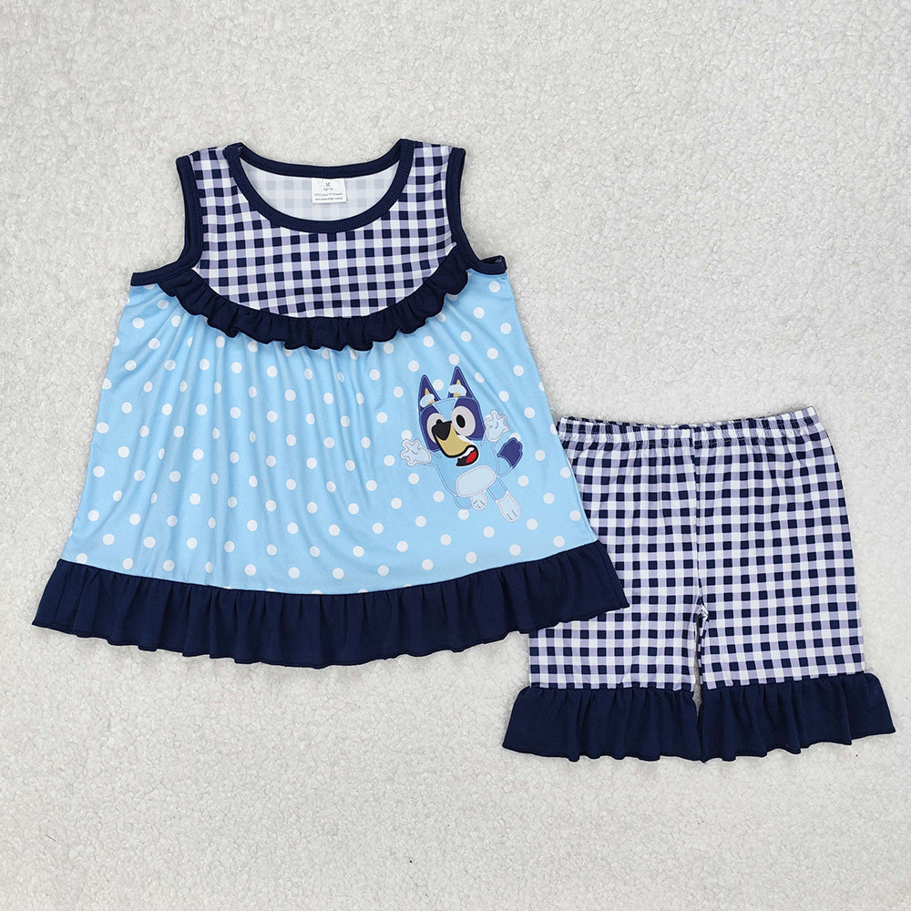 Baby Girls Blue Dots Dogs Tunic Ruffle Shorts Clothes Sets