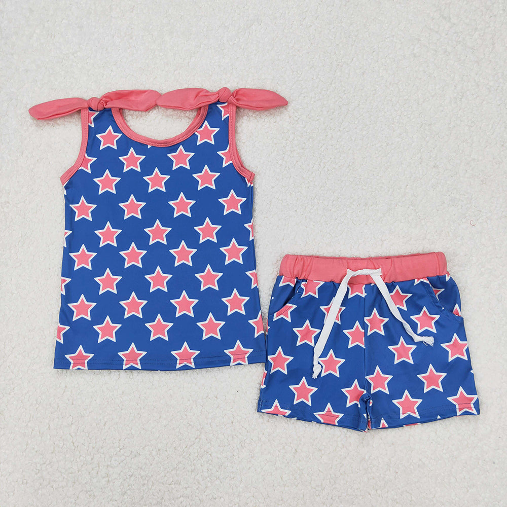 Baby Girls 4th Of July Stars Bow Shirt Shorts Clothes Sets