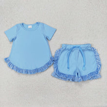 Load image into Gallery viewer, Baby Girls Blue Cotton Top Ruffle Shorts Clothes Sets
