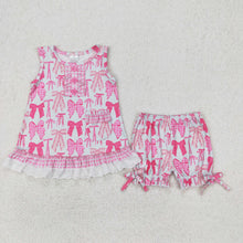 Load image into Gallery viewer, Sibling Baby Girls Sleeveless Bows Floral Button Tunic Ruffle Shorts Set

