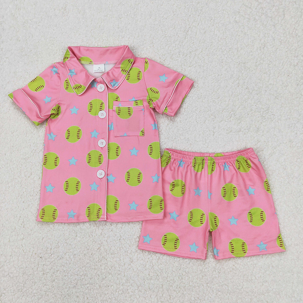 Baby Girls Baseball Stars Buttons Top Shorts Pajamas Clothes Sets