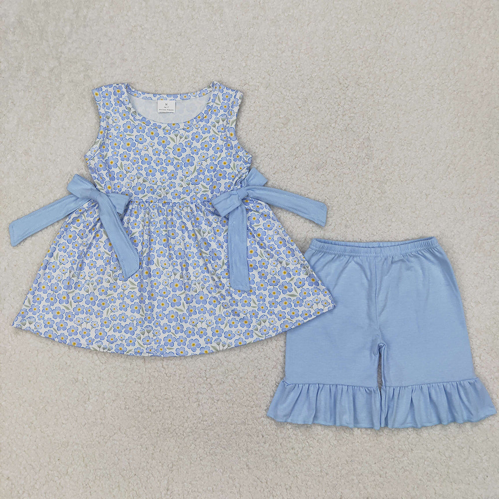 Baby Girls Blue Flowers Bows Tunic Top Ruffle Shorts Clothes Sets