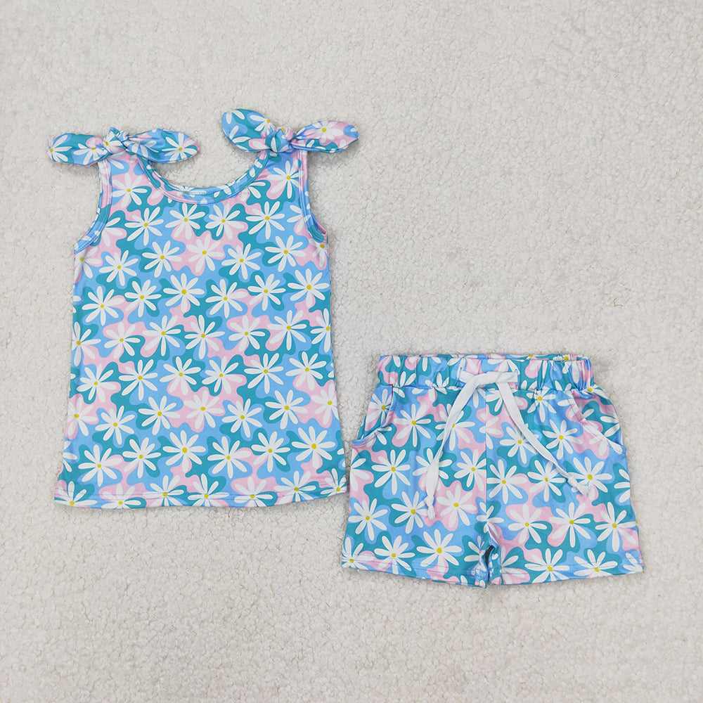 Baby Girls Blue Flowers Bows Tie Tops Shorts Clothes Sets