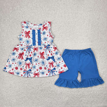 Load image into Gallery viewer, Baby Girls Blue Red Bows Fireworks Tunic Ruffle Shorts 4th Of July Sets
