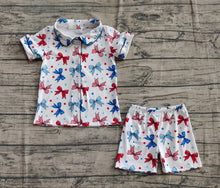 Load image into Gallery viewer, Baby Girls Blue Red Bows Button Top Short 4th Of July Pajamas Sets
